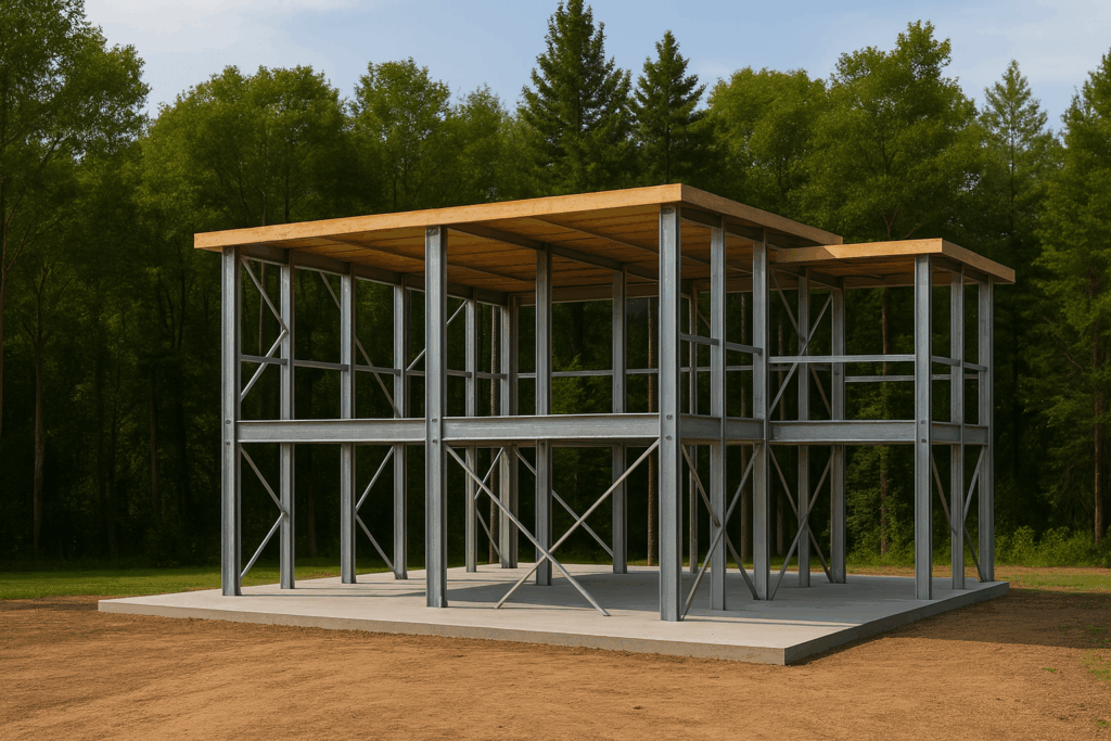 Steel home framing system by Steel Home Builders in Ontario on a concrete foundation in a forested setting.