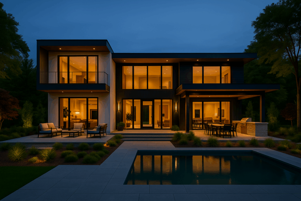 Modern luxury steel home at night with pool, designed by Steel Home Builders in Ontario.