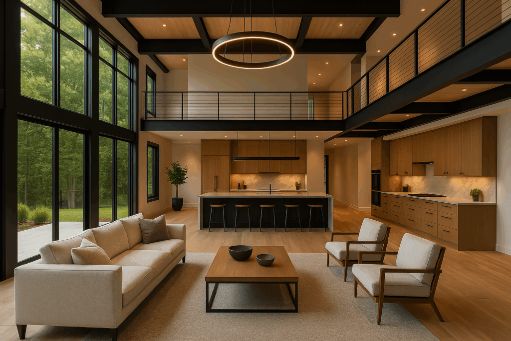 Modern steel-framed home interior with double-height ceilings and open-concept kitchen by Steel Home Builders in Ontario.