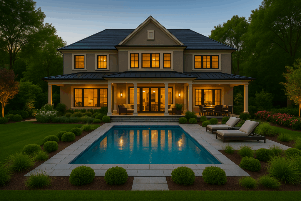 Luxury steel-framed custom home with swimming pool at dusk by Steel Home Builders in Ontario.