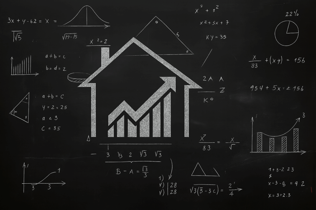 Chalkboard illustration of housing investment growth and steel home performance metrics by Steel Home Builders in Ontario.