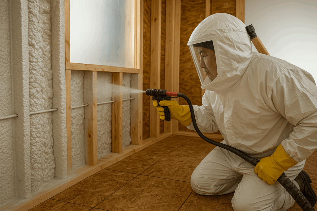 Contractor applying spray foam insulation in a wood-framed wall to enhance thermal efficiency for steel custom homes in Ontario.