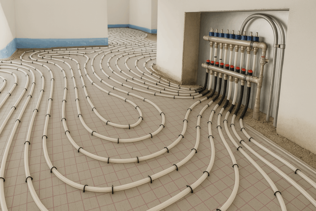 Radiant floor heating system installed in a custom steel home in Ontario, promoting energy efficiency and thermal comfort.