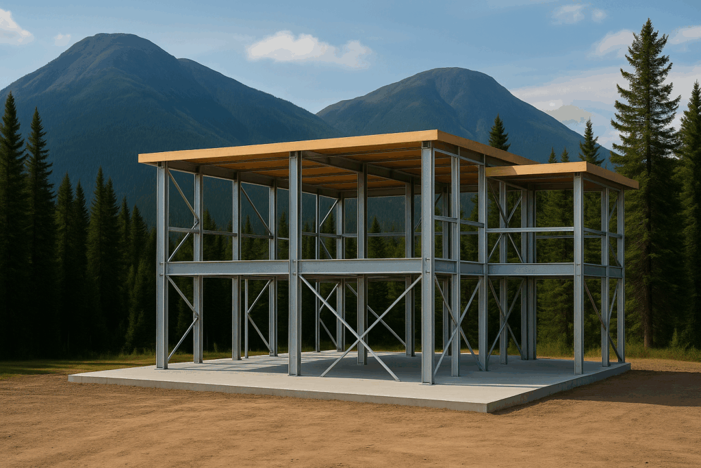 Steel custom home builders under construction in Quebec with exposed framing and forested mountain backdrop.