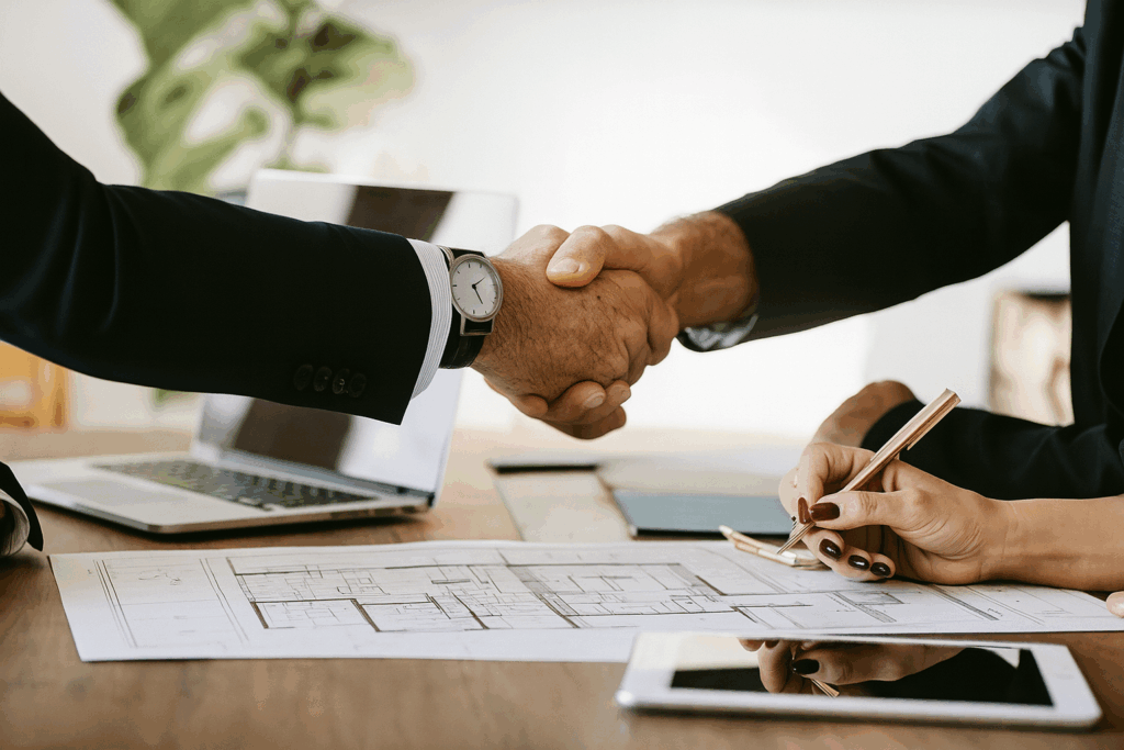 Steel Custom Home Builders in Quebec meeting with clients to review architectural plans and finalize a design agreement.