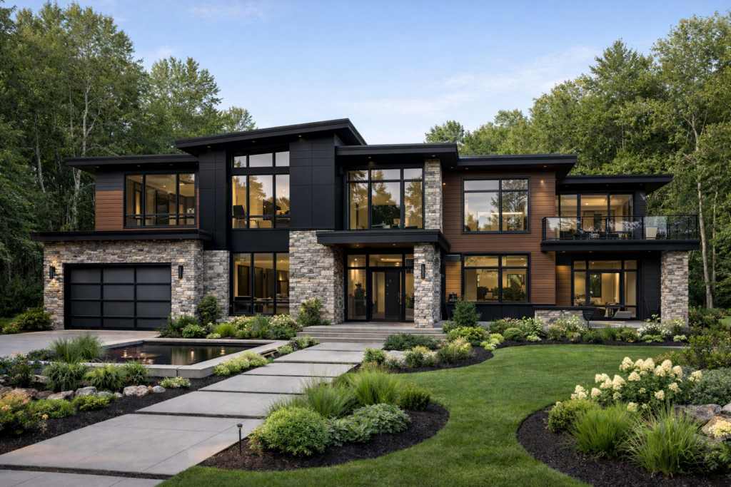Rendering of a remodeled Bone Structure home with stone facade and wood siding, redesigned by STEEL Structure Homes.