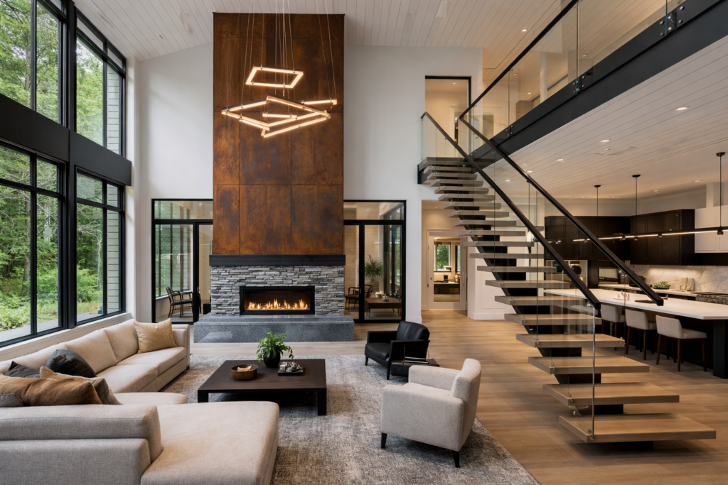 Interior of a remodeled Bone Structure home featuring a modern steel staircase and open-concept living room, redesigned by STEEL Structure Homes.