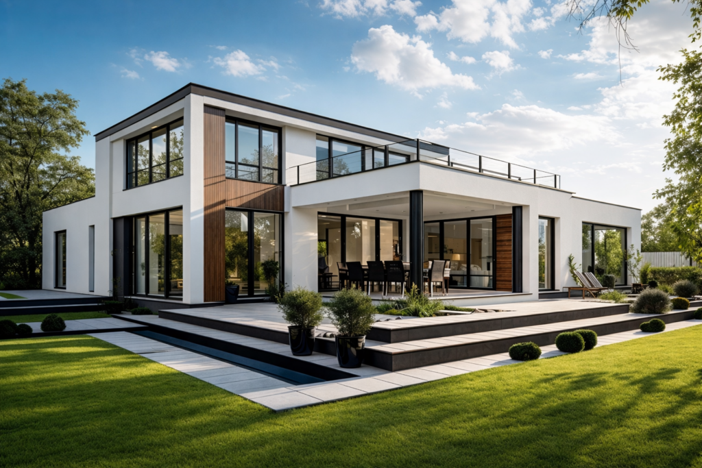 Rendering of a modern Bone Structure home with a new architectural addition designed by STEEL Structure Homes.