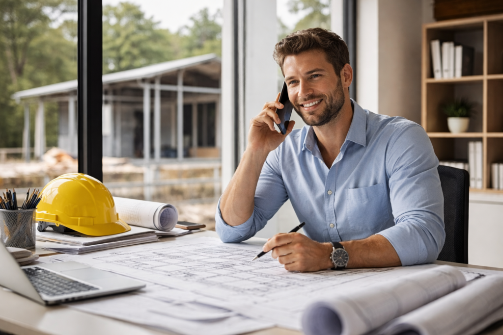 Project manager reviewing Bone Structure home plans while speaking with a client.