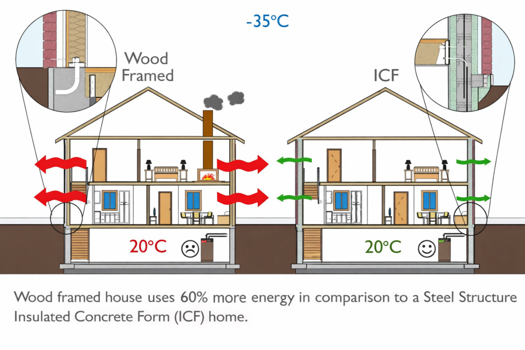 Bone Structure energy efficiency comparison between wood-framed and ICF homes.