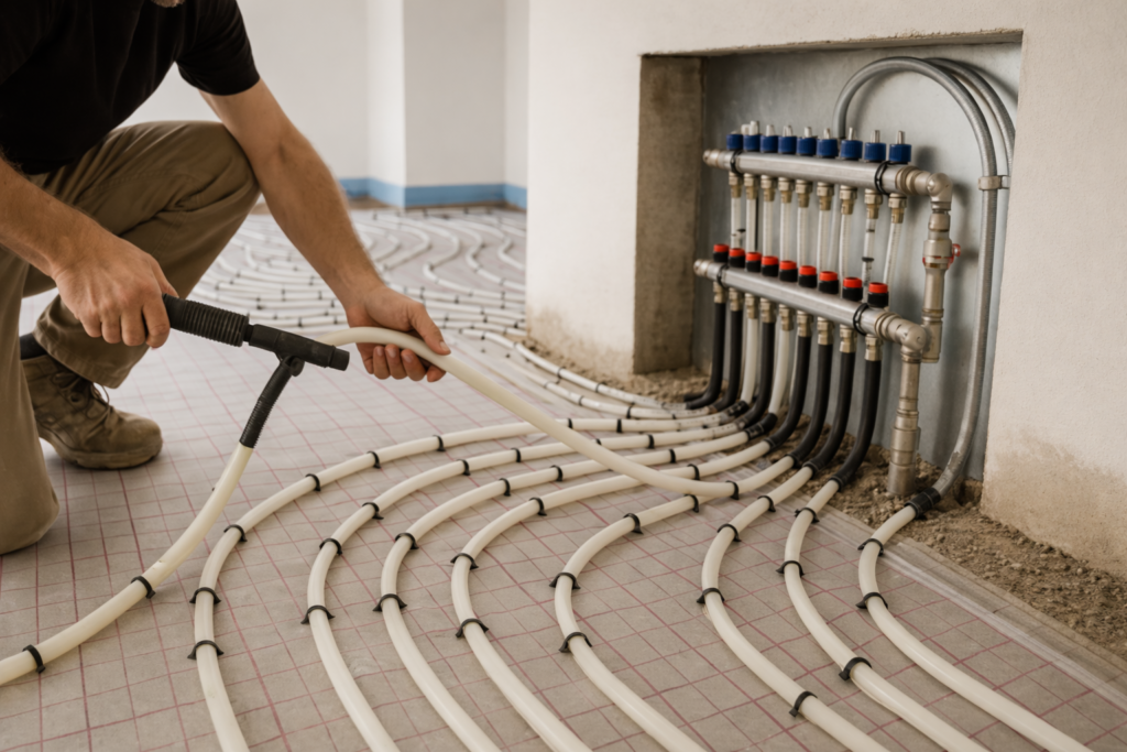 Bone Structure radiant in-floor heating installation in progress.