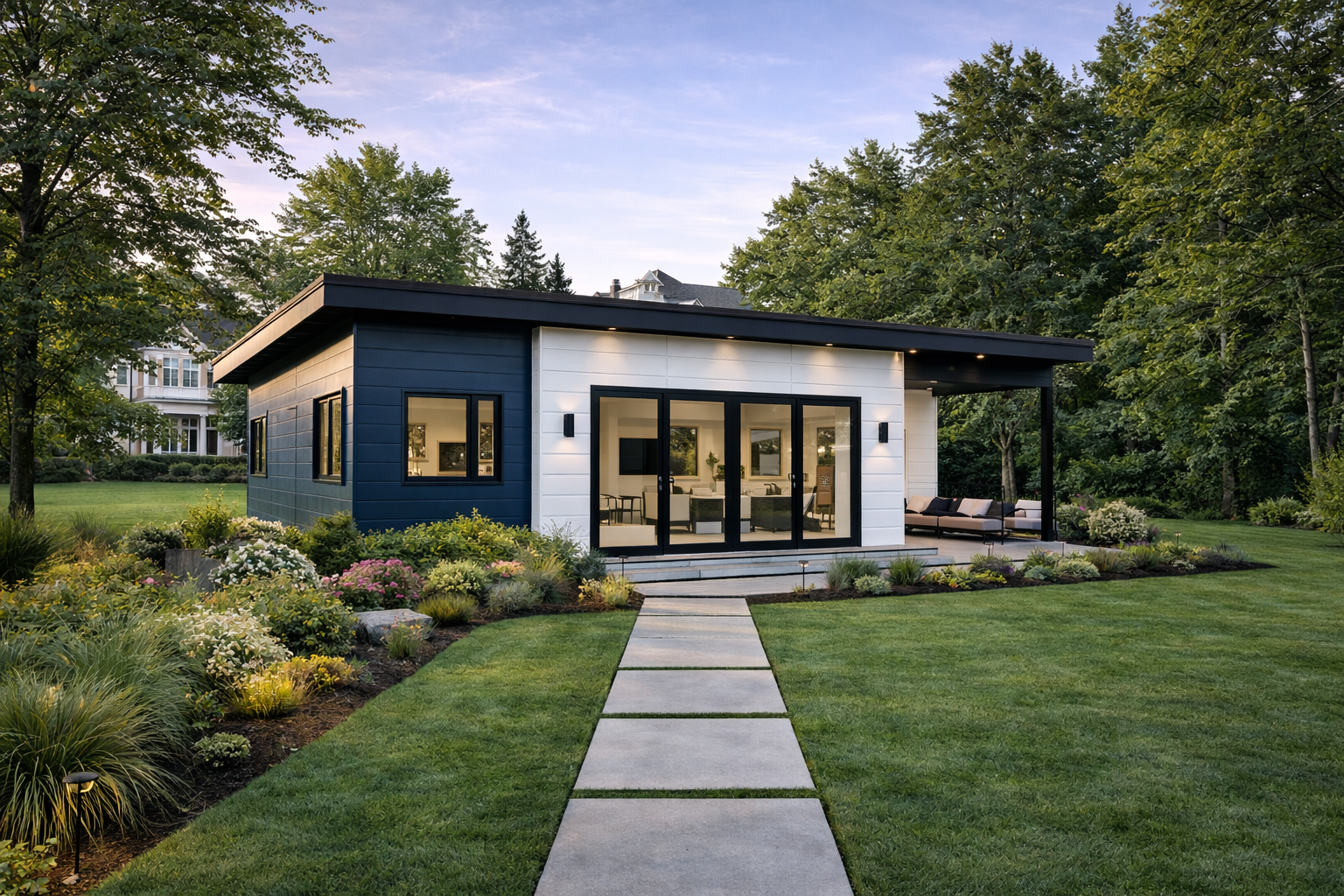 Contemporary coach house with flat roof and glass doors by STEEL Structure Homes