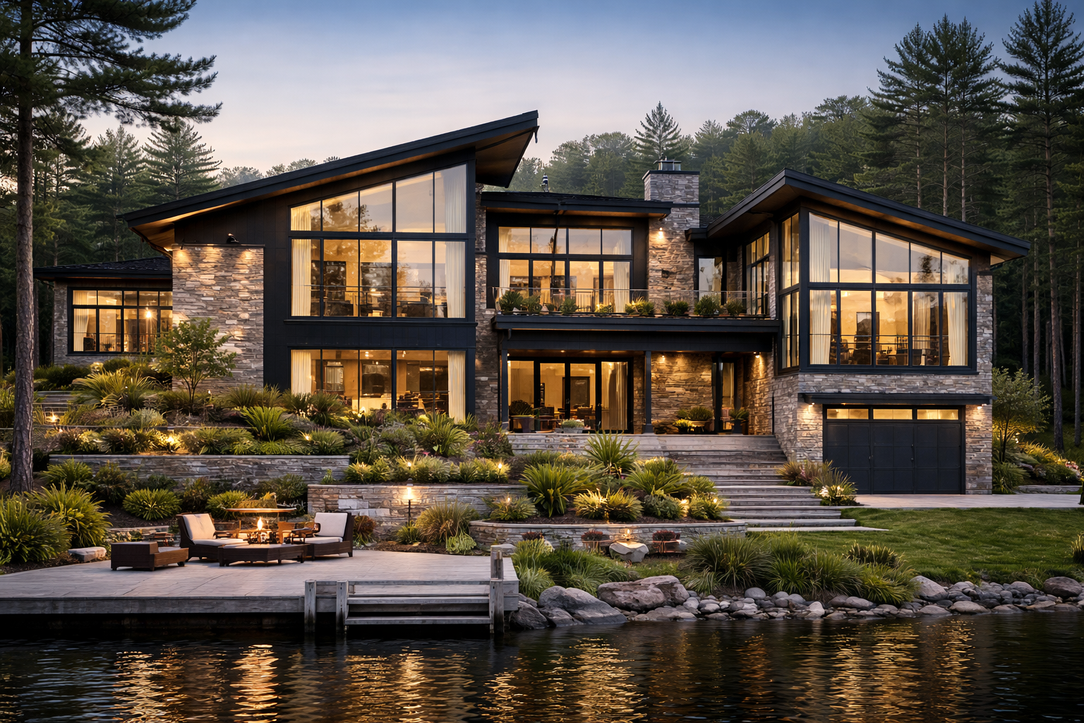 Modern 8,000-square-foot lakefront residence built by STEEL Structure Homes with black ACM panels, earth-tone masonry, and grand windows