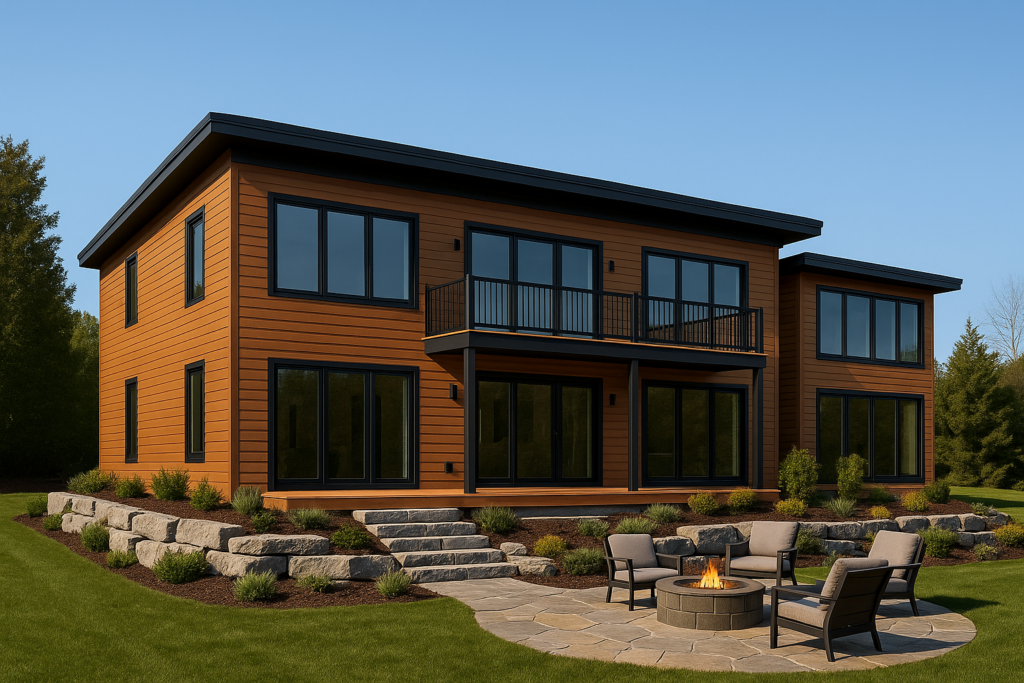 Rendering of a Bone Structure home with wood-toned siding and a backyard firepit, designed by STEEL Structure Homes.