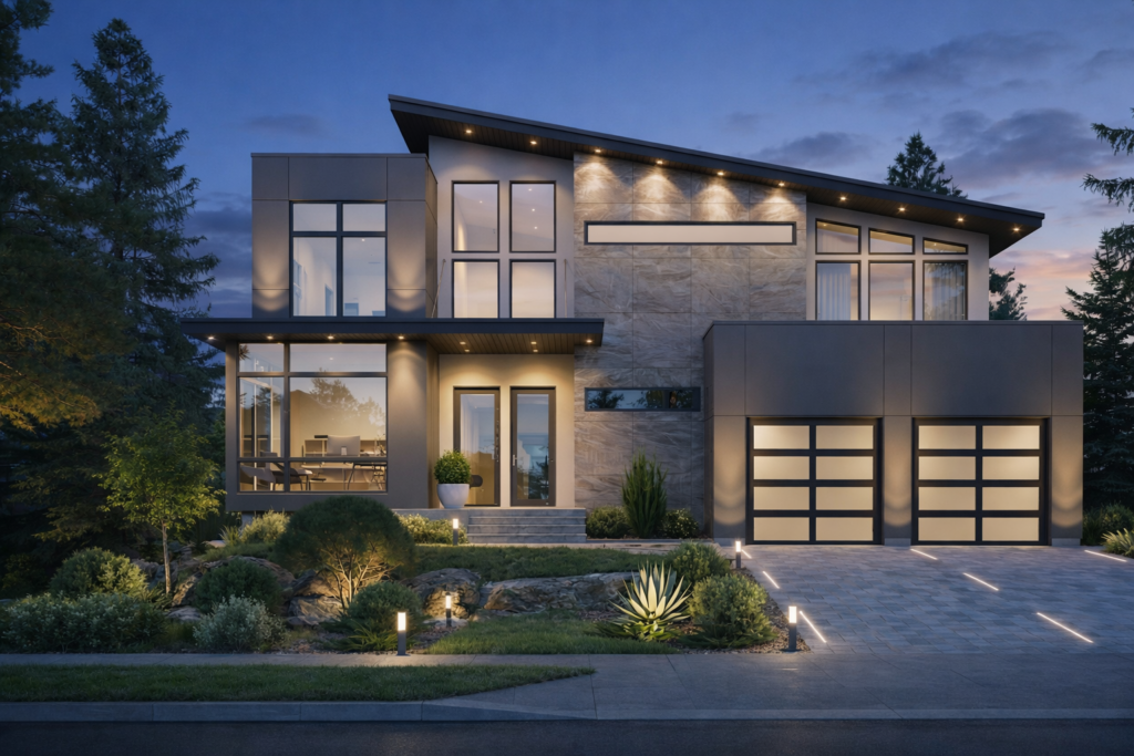 Modern steel frame home at twilight featuring glass accents and contemporary architectural design